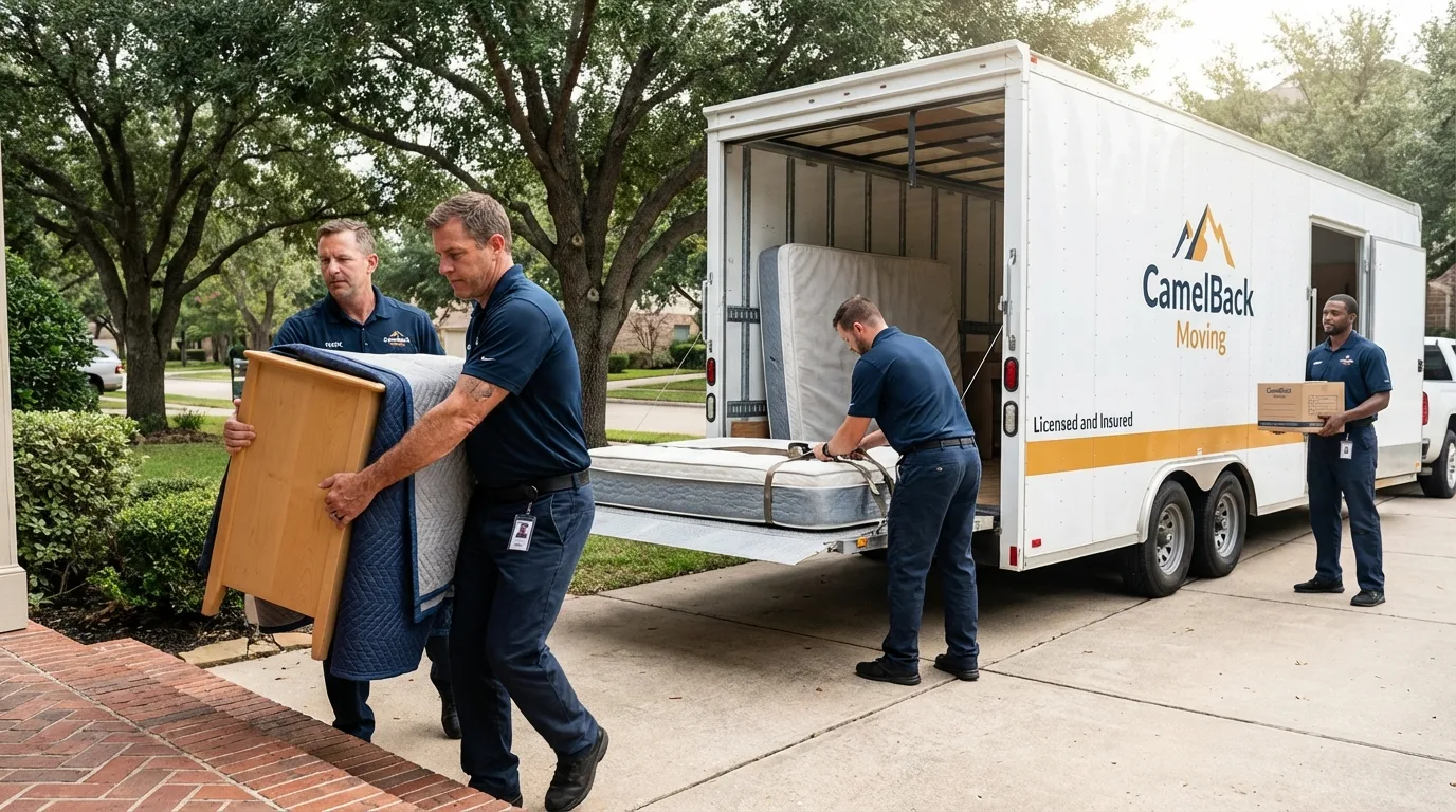 Crew loading residential truck for cross-state move from Grand Isle, LA