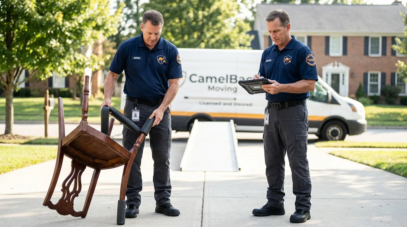 Movers inspecting furniture for damage prevention before loading in Grand Isle, LA