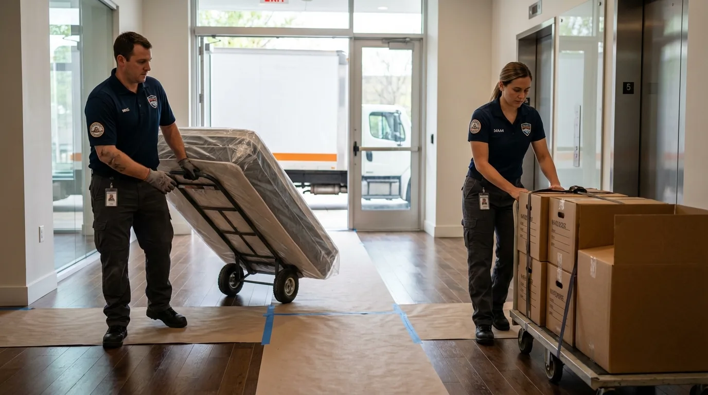 Professional apartment movers loading elevator in Grand Isle, LA
