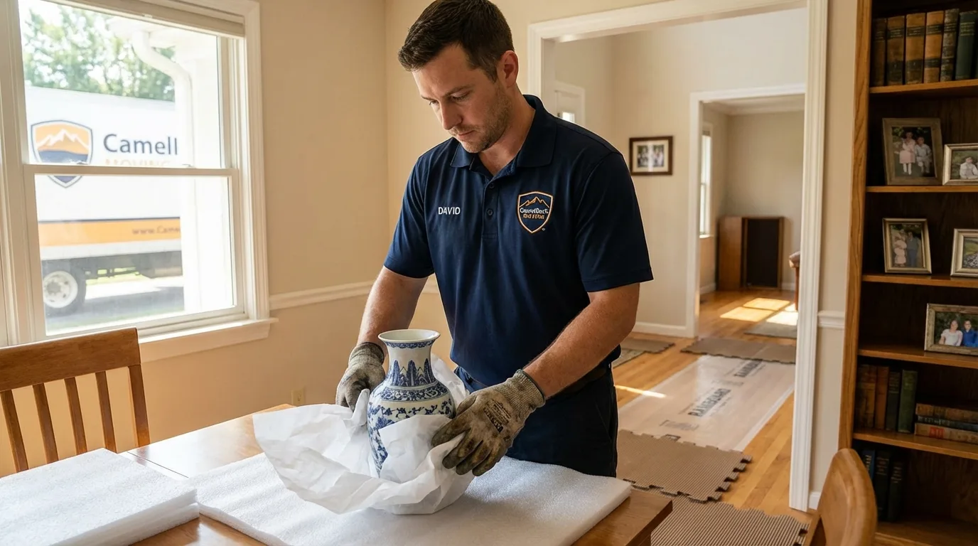 Professional crew carefully wrapping antique vase for senior downsizing move in Grand Isle, LA